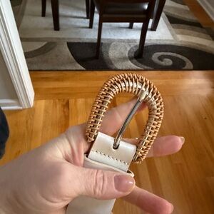 Woven Rattan Buckle White Leather Belt